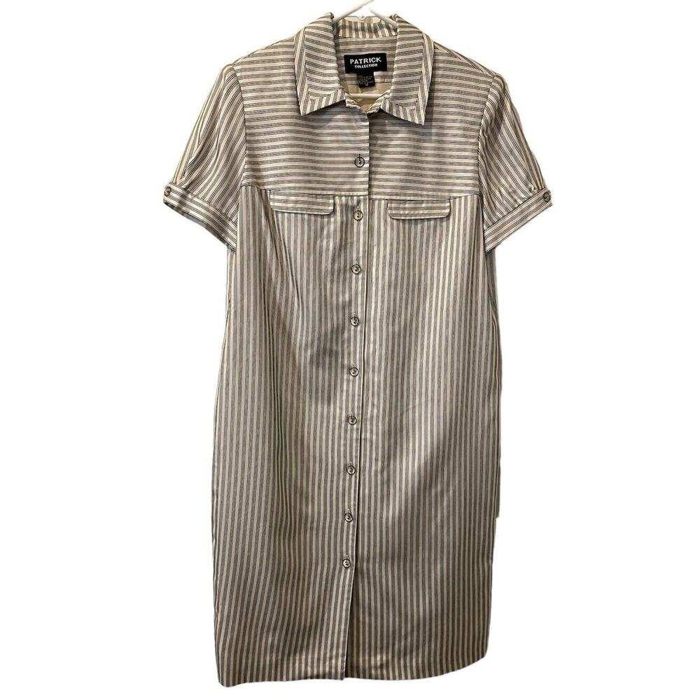 Patrick Collection Vintage Pure Silk Tan Striped Shift Dress Size 10